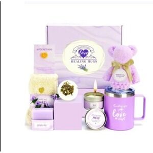 Healing Hugs Gift Set Lavender Teddy Bear Mug Candle Bath Bomb Soap Socks Card
